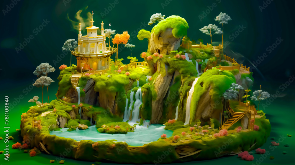 妖精の森のジオラマアート、美しい緑と滝のある可愛いお城のミニチュア