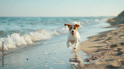 Happy dog runs along the seashore