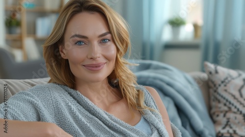 Free Download Headshot of mature blond woman with beaming smile sitting on sofa in apartment looking at camera - GFXLoad
