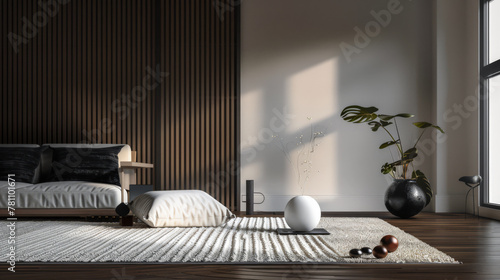 A living room area with wall panels and natural light from a window. Interior design composition