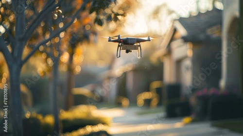 A drone delivering a package to a customer's doorstep in a suburban neighborhood. photo