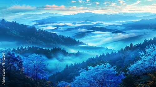 Beautiful wallpaper shades of blue in the blue mountains. Landscape, fog over mountain peaks © JovialFox