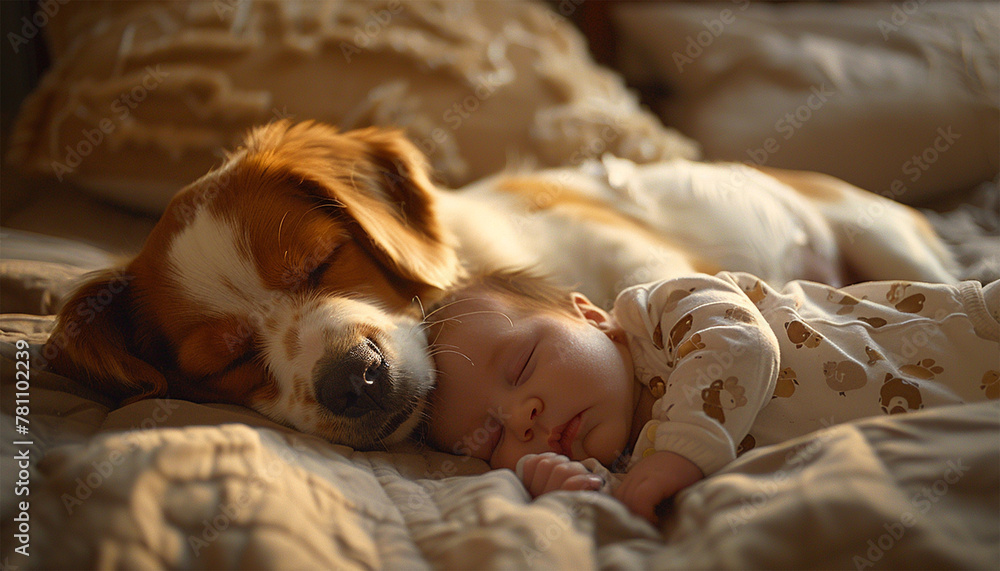 Obraz premium Newborn baby girl and cute puppy asleep on a white blanket sheets. Baby and pet dog sleeping together. Cozy family