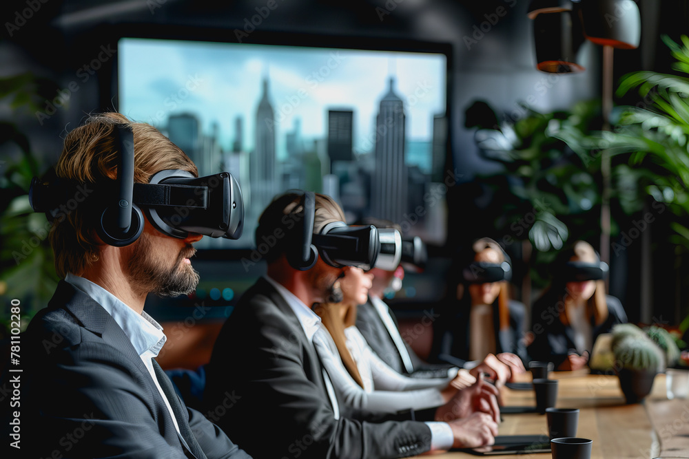 virtual reality conference room, participants wearing VR headsets to conferences virtual reality conference room, participants wearing VR headsets to conferences