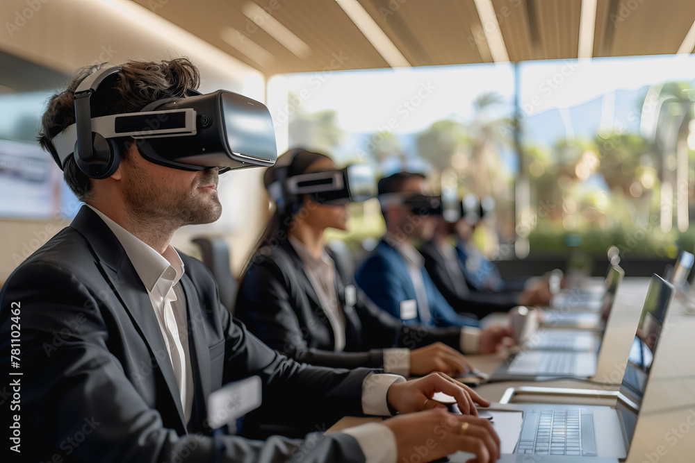 virtual reality conference room, participants wearing VR headsets to conferences virtual reality conference room, participants wearing VR headsets to conferences