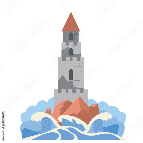  Lighthouse tower. Lighthouse on the rock. waves hitting the rocks, storm. Hand drawn cartoon flat style.