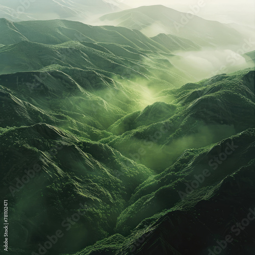 view of the green mountain ranges from above, in the style of mysterious backdrops