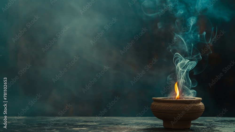clay lamp, known as a diya, with a lit flame placed on a wooden surface and settled on a purple mat or cloth. This creates a serene and atmospheric environment where the warm glow of the diya clay lamp, known as a diya, with a lit flame placed on a wooden surface and settled on a purple mat or cloth. This creates a serene and atmospheric environment where the warm glow of the diya