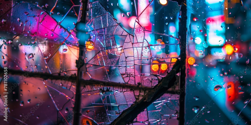 Colorful Urban Lights Through Raindrops on Shattered Glass
