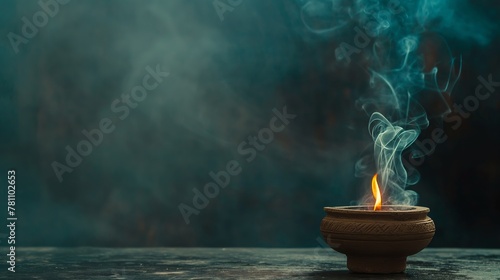 clay lamp, known as a diya, with a lit flame placed on a wooden surface and settled on a purple mat or cloth. This creates a serene and atmospheric environment where the warm glow of the diya