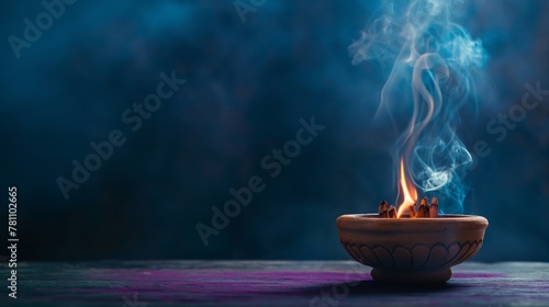 clay lamp, known as a diya, with a lit flame placed on a wooden surface and settled on a purple mat or cloth. This creates a serene and atmospheric environment where the warm glow of the diya photo