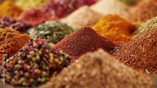 vibrant array of spices arranged into distinct piles that vary in color and size. Prominent among these are pink pepper, green coriander, red chili, and brown anise