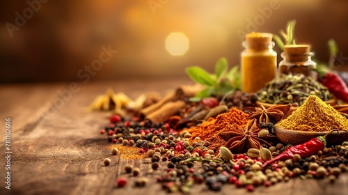 vibrant array of spices arranged into distinct piles that vary in color and size. Prominent among these are pink pepper, green coriander, red chili, and brown anise