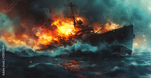 old ship on hot fire sinking on ocean in bad weather, photorealistic surrealism, violent and major sea storm, fire and smoke Soaring to the sky, Rough sea,High waves, smoke, clouds