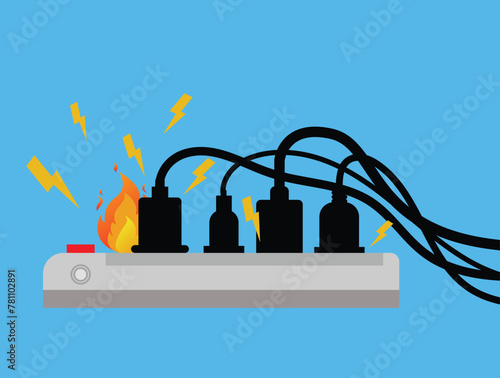 Power plug is full, Short circuit, House fire, Safety first, Vector design