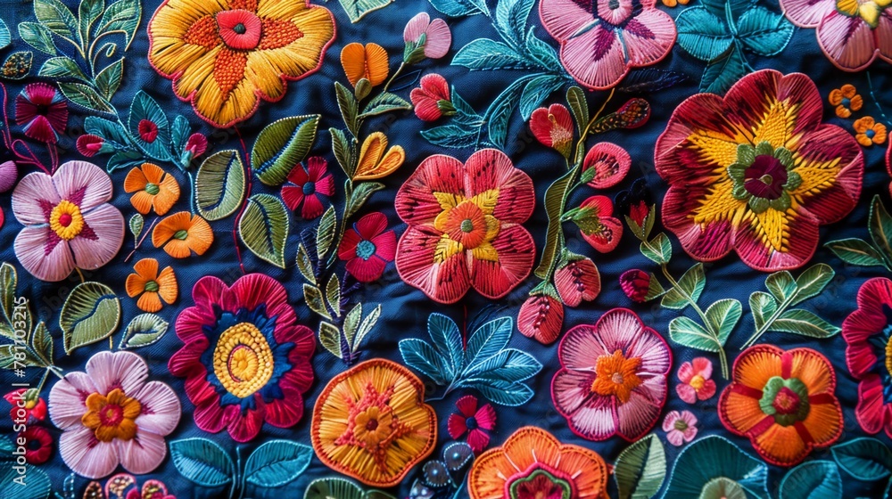 Vibrant Handmade Embroidered Textile Displaying Multicolored Flowers, Detailed Stitchwork, Handcrafted Design, Suitable For Apparel And Home Decoration, AI Generated - obrazy, fototapety, plakaty 
