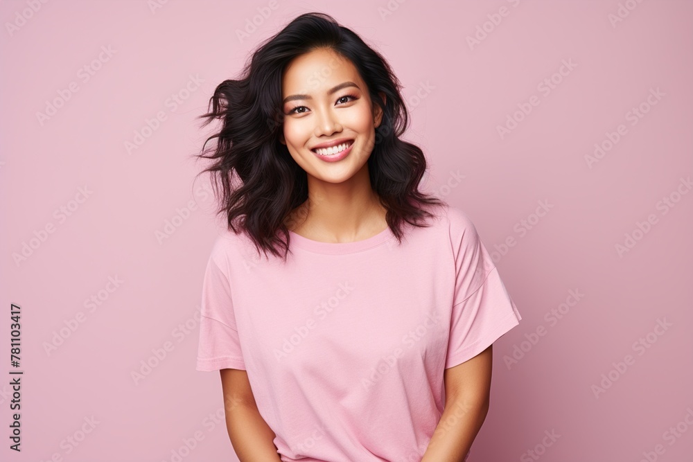 A woman with short hair is wearing a pink shirt and smiling A woman with short hair is wearing a pink shirt and smiling