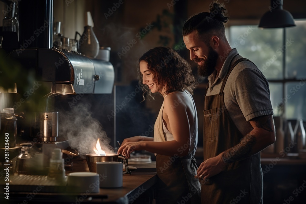 A man and a woman are cooking together in a kitchen A man and a woman are cooking together in a kitchen