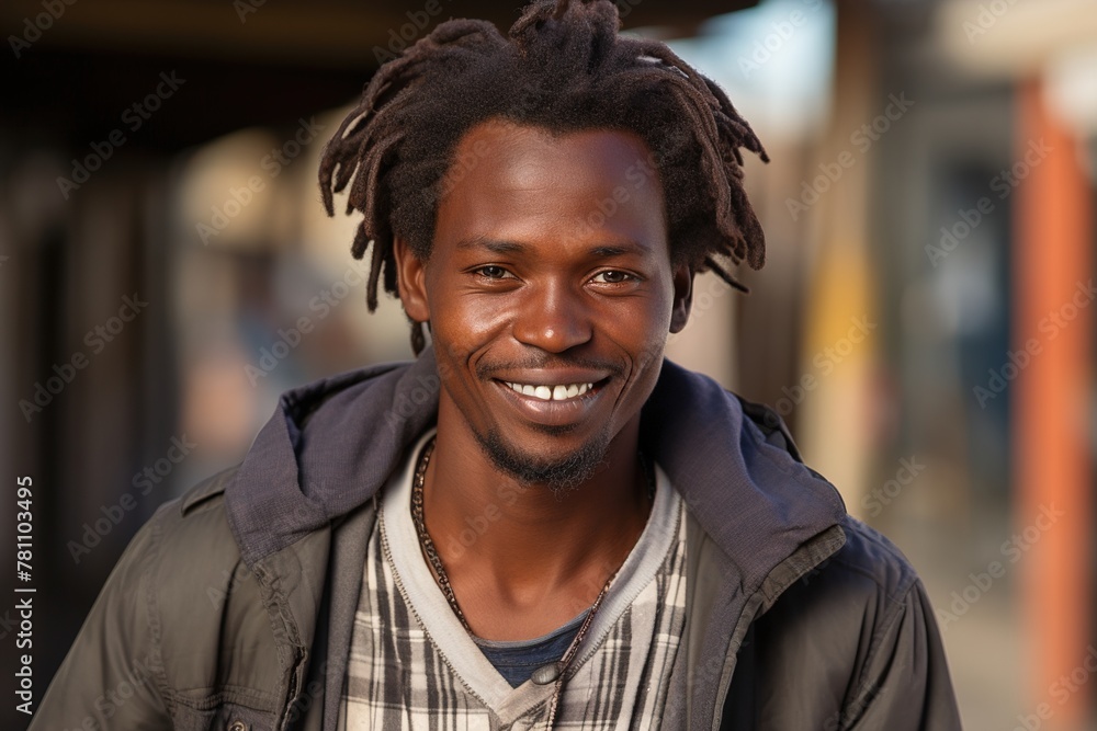 A man with dreadlocks is smiling and wearing a black jacket A man with dreadlocks is smiling and wearing a black jacket