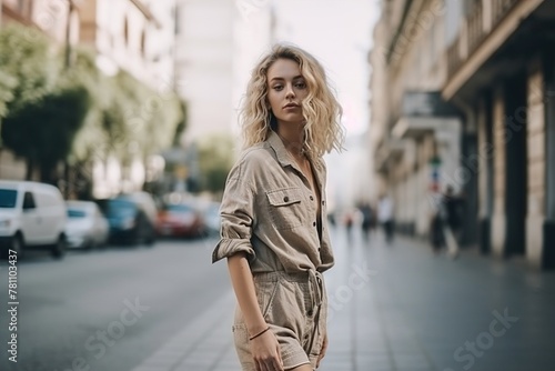A woman in a tan outfit is standing on a city street