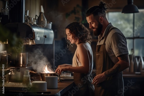 A man and a woman are cooking together in a kitchen