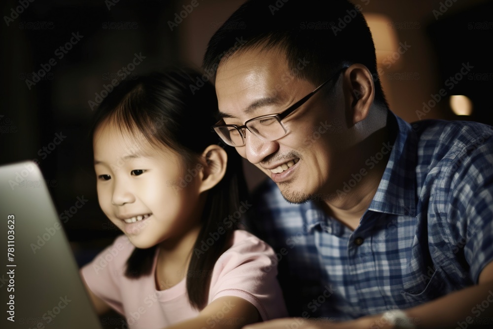 A man and a little girl are looking at a laptop together A man and a little girl are looking at a laptop together
