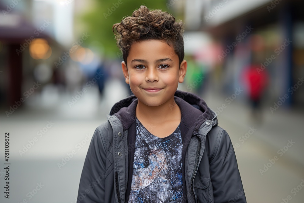 A young boy with a black jacket and a shirt with a galaxy design is smiling A young boy with a black jacket and a shirt with a galaxy design is smiling