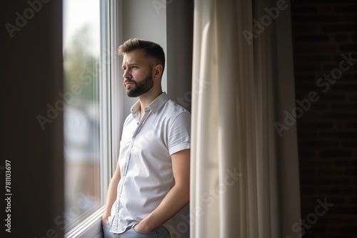 A man in a white shirt is standing in front of a window