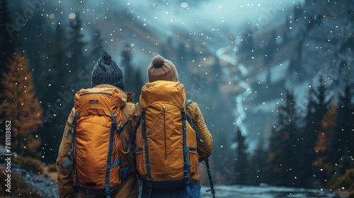 Couple with backpacks standing by a river in a misty autumn forest.