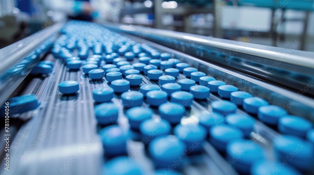 Fototapeta premium Blue medical pills on a production line in a pharmaceutical manufacturing plant.