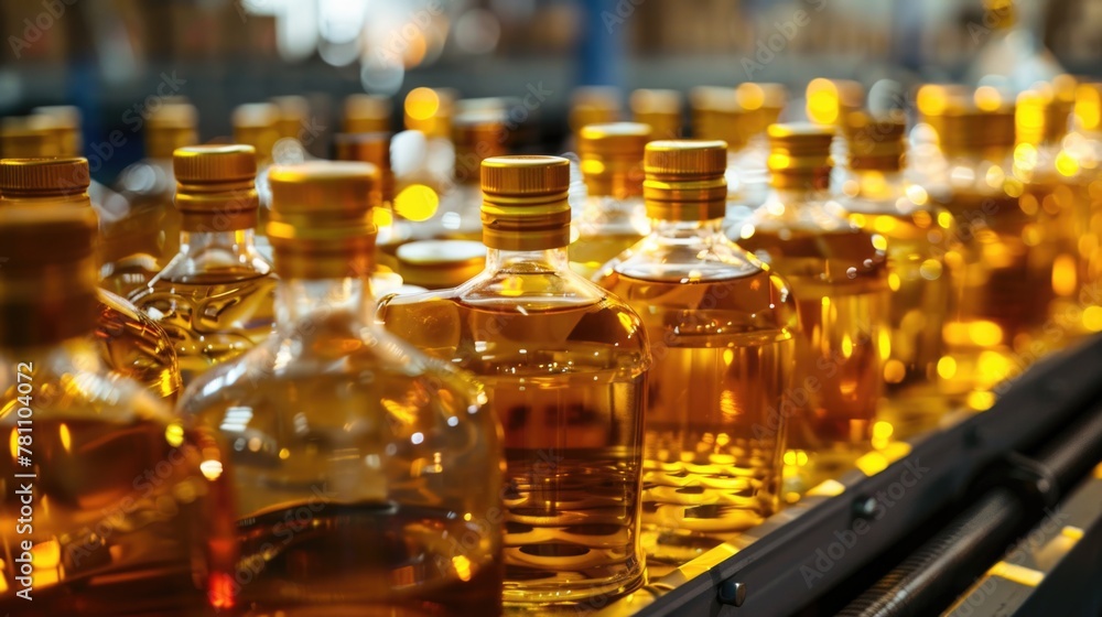 Amber glass bottles on an industrial conveyor belt in a factory setting.