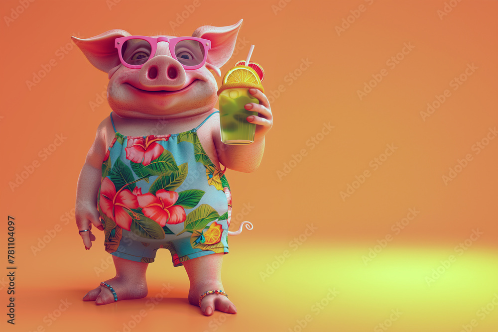 Funny pig tourist drinking mojito cocktail in solid orange background.Banner, design Funny pig tourist drinking mojito cocktail in solid orange background.Banner, design