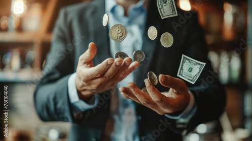 A businessman juggling coins and dollar bills, demonstrating the skillful management of finances.  photo