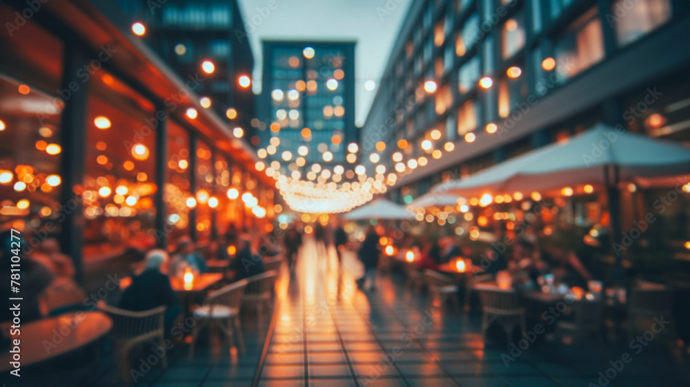 Blurred image shows bokeh of lights of restaurants on both sides of a street. A promenade in a city. Unknown people sit at tables by candlelight. In the background is a skyscraper. - obrazy, fototapety, plakaty 
