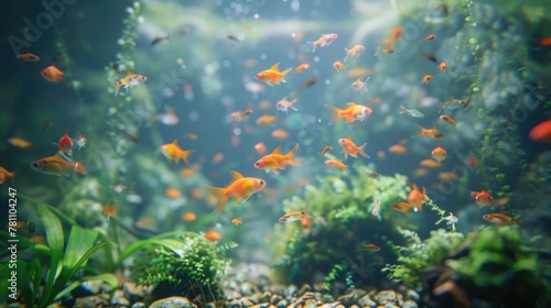 Colorful goldfish swimming in a lush freshwater aquarium. World Oceans Day