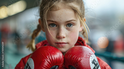 Girl with braided hair wearing red boxing gloves.