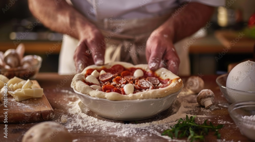Person preparing homemade pizza in kitchen. Close-up shot of hands arranging toppings on pizza dough