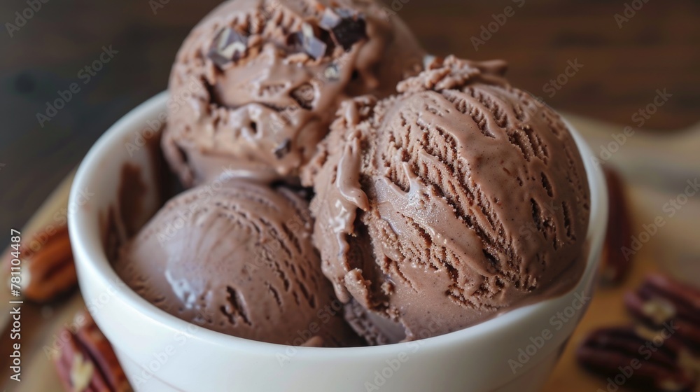 Chocolate ice cream in a bowl with pecans Chocolate ice cream in a bowl with pecans