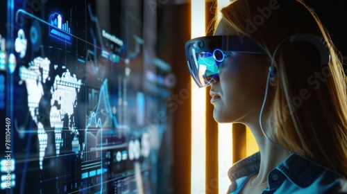A woman wearing augmented reality glasses and analyzing digital 3D charts floating in the air. 