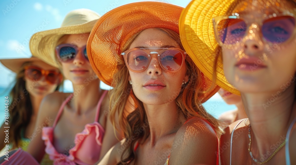 Group of young women in summer hats and sunglasses.