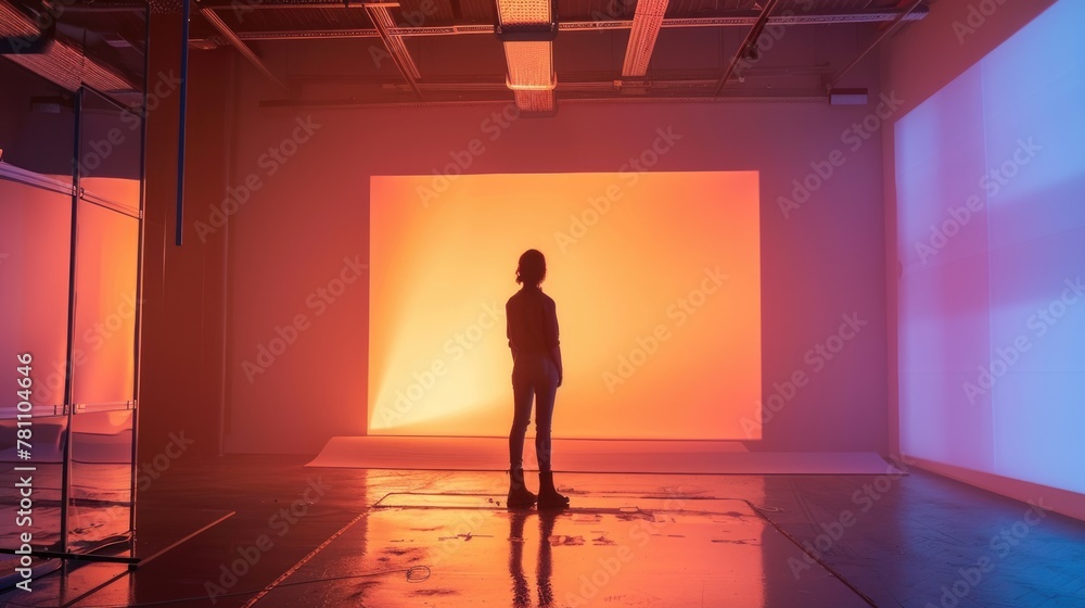 Silhouette of woman standing against orange gradient background in studio. Silhouette of woman standing against orange gradient background in studio.
