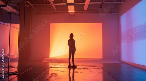 Silhouette of woman standing against orange gradient background in studio.