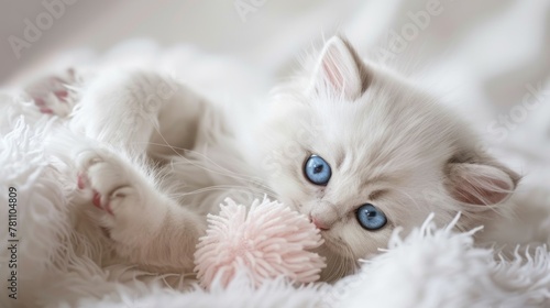 White kitten with blue eyes lying on fluffy blanket.