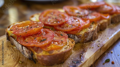 Sliced tomatoes and salami on open-faced sandwich.
