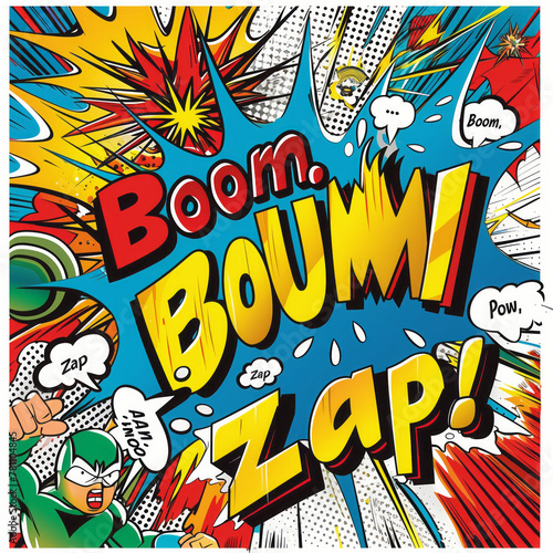 Comic Book Sound Effects, colorful lettering, evoking the action-packed energy of comic book