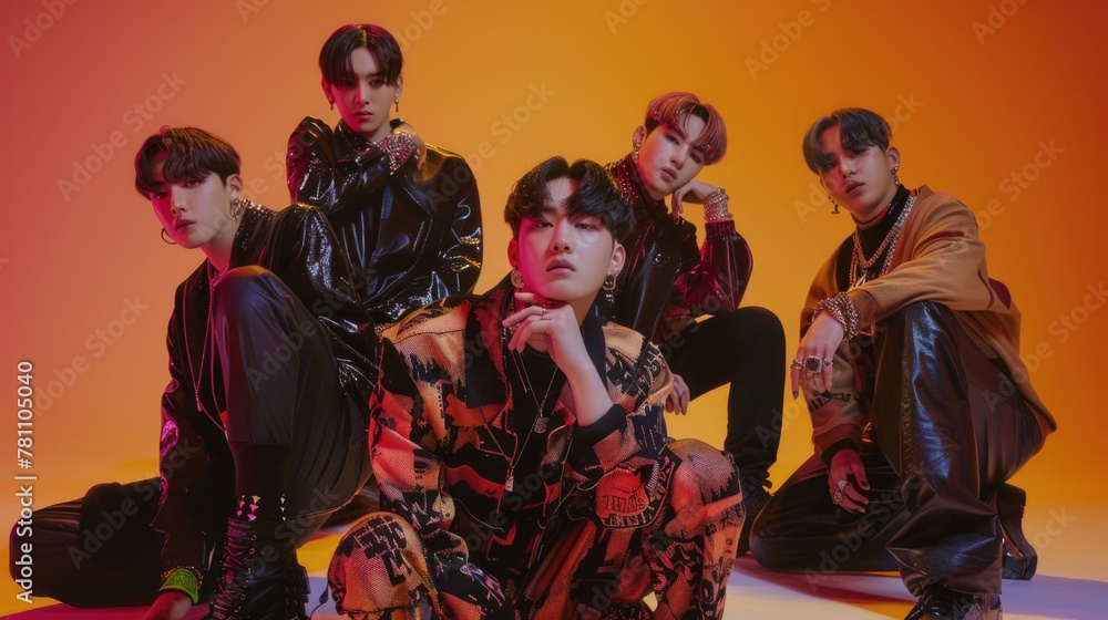 Fashionable Young Men Group in Stylish Outfits on Orange Backdrop