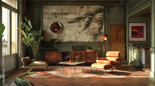 Chic retro-style living room interior with lush plants and artwork. © Julia Jones