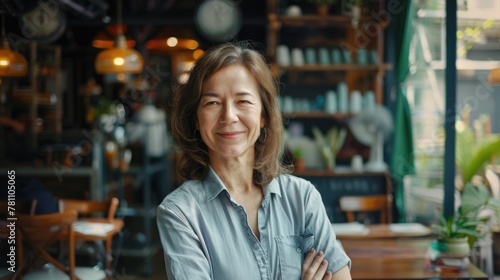 Portrait of a mature woman smiling in a cafe with a bokeh background.