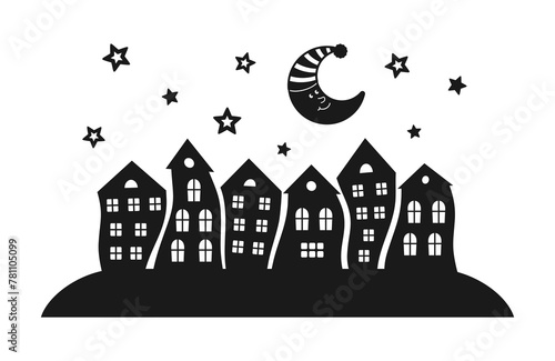 Black silhouettes of houses, crescent moon and stars isolated on a white background. Black and white cartoon buildings with curved facades and the night sky. Vector design for laser or plotter cutting photo