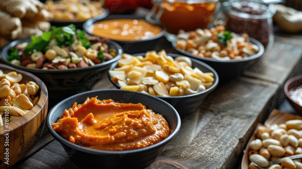 Assortment of nuts and dips in bowls on wooden cutting board. Assortment of nuts and dips in bowls on wooden cutting board.